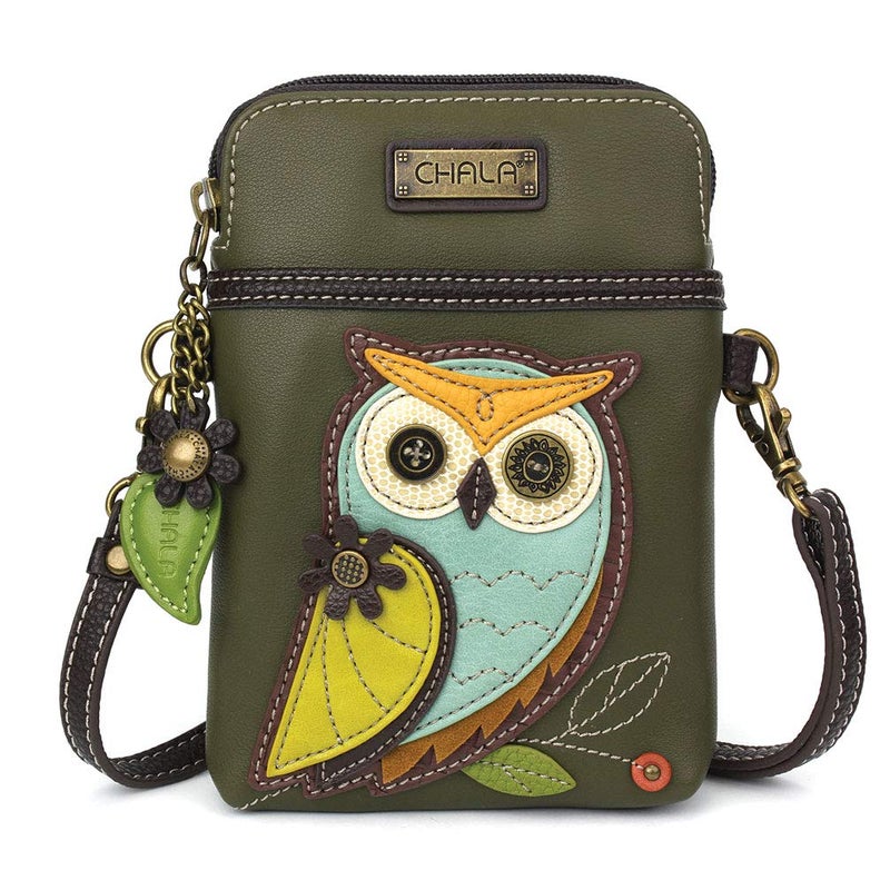 CHALA Bird Collection Cell Phone Crossbody Purse-Women PU Leather/Canvas Multicolor Handbag with Adjustable Strap - Owl A - olive - Image 1